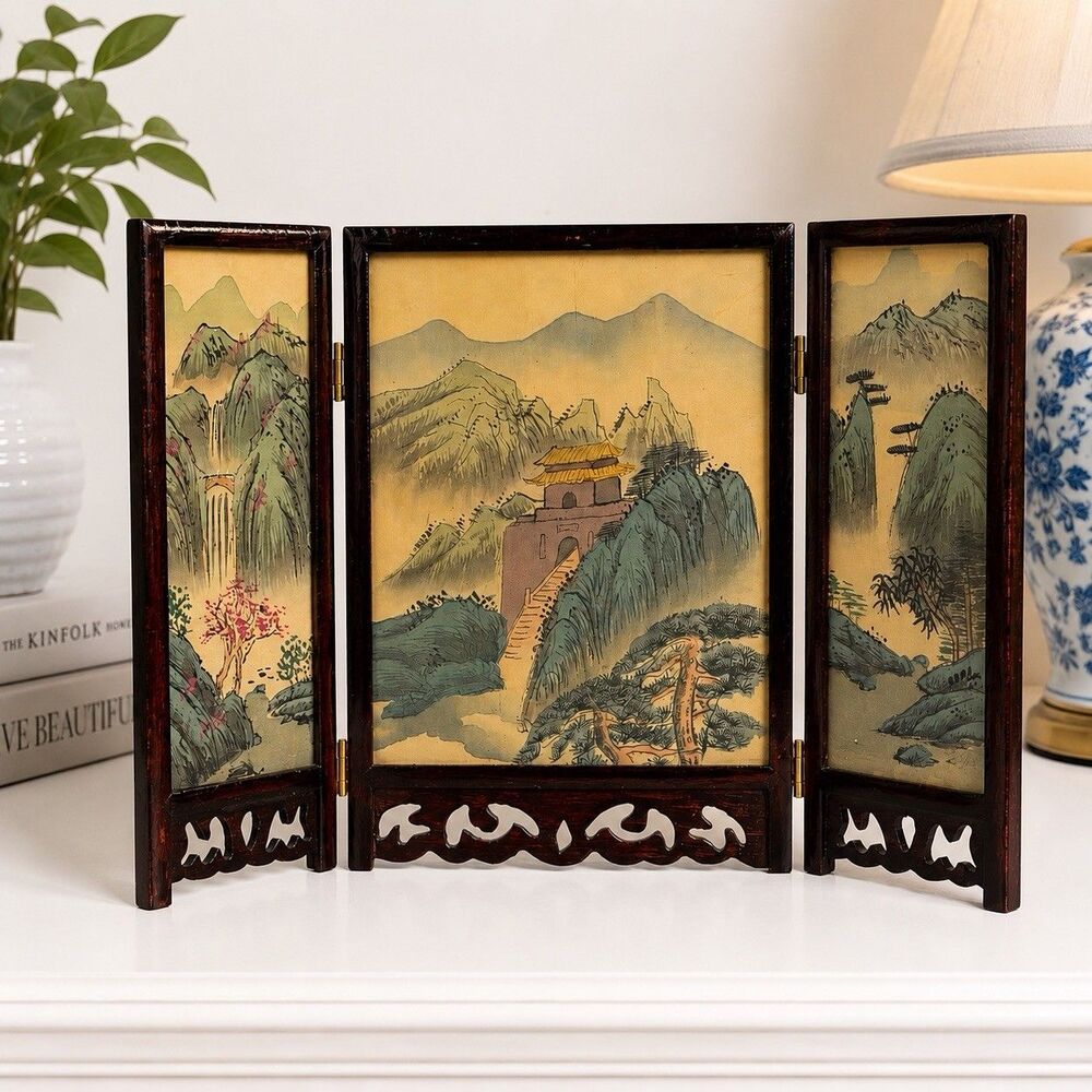 Vintage Asian Miniature 3 Panel Folding Screen Double Sided Wood Tabletop Decor